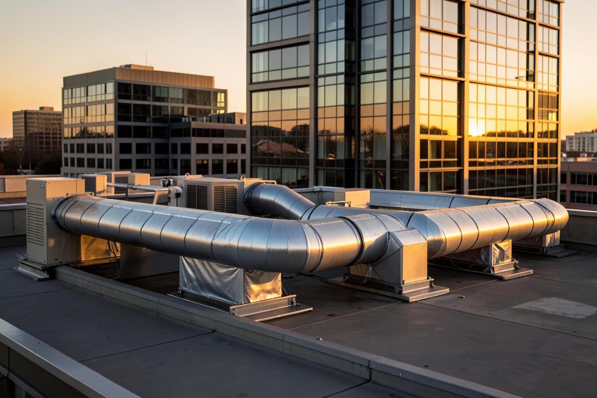 Rooftop commercial air duct work on a Raleigh area office building at sunset