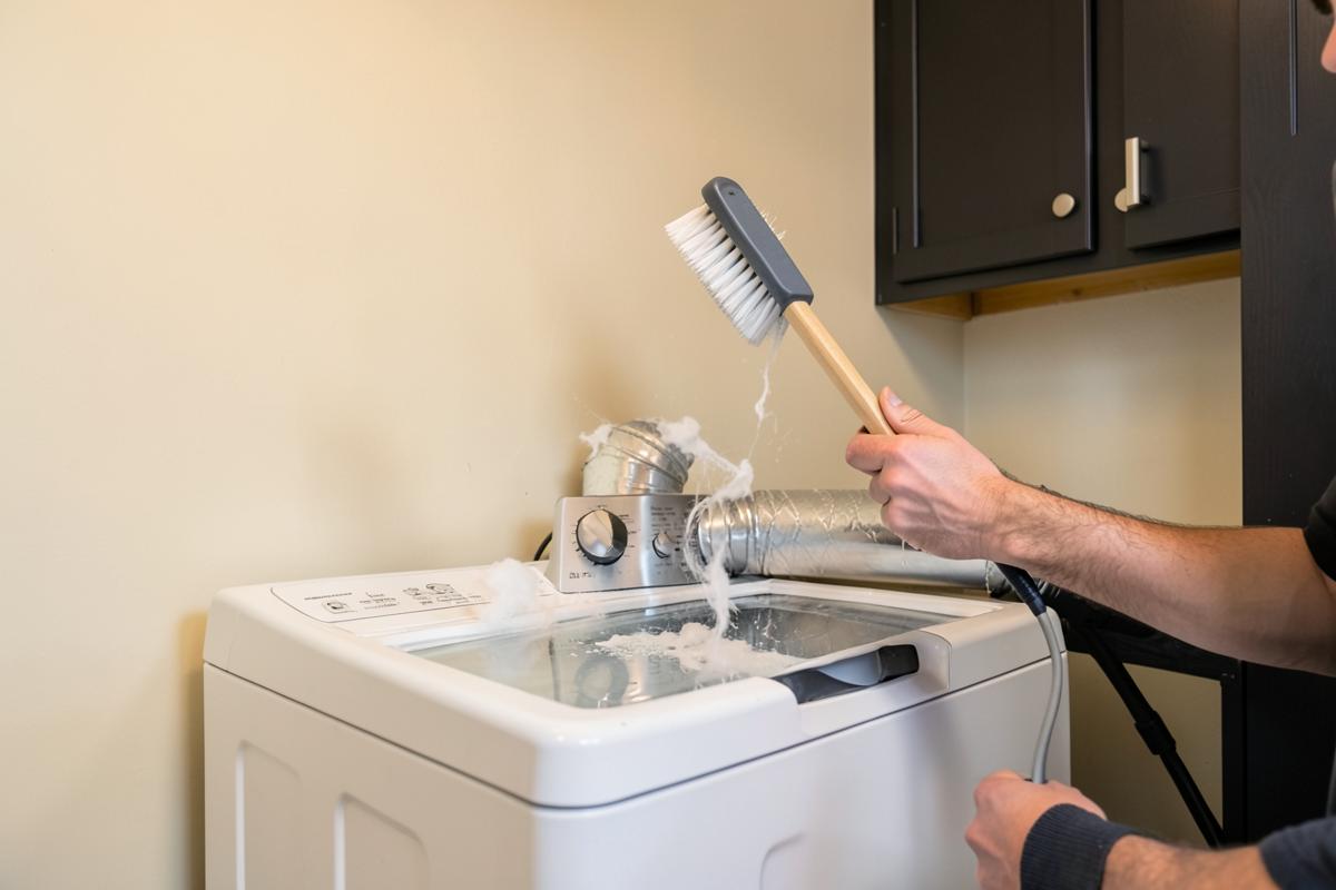 Technician brushing lint out of a laundry room dryer vent duct behind a dryer